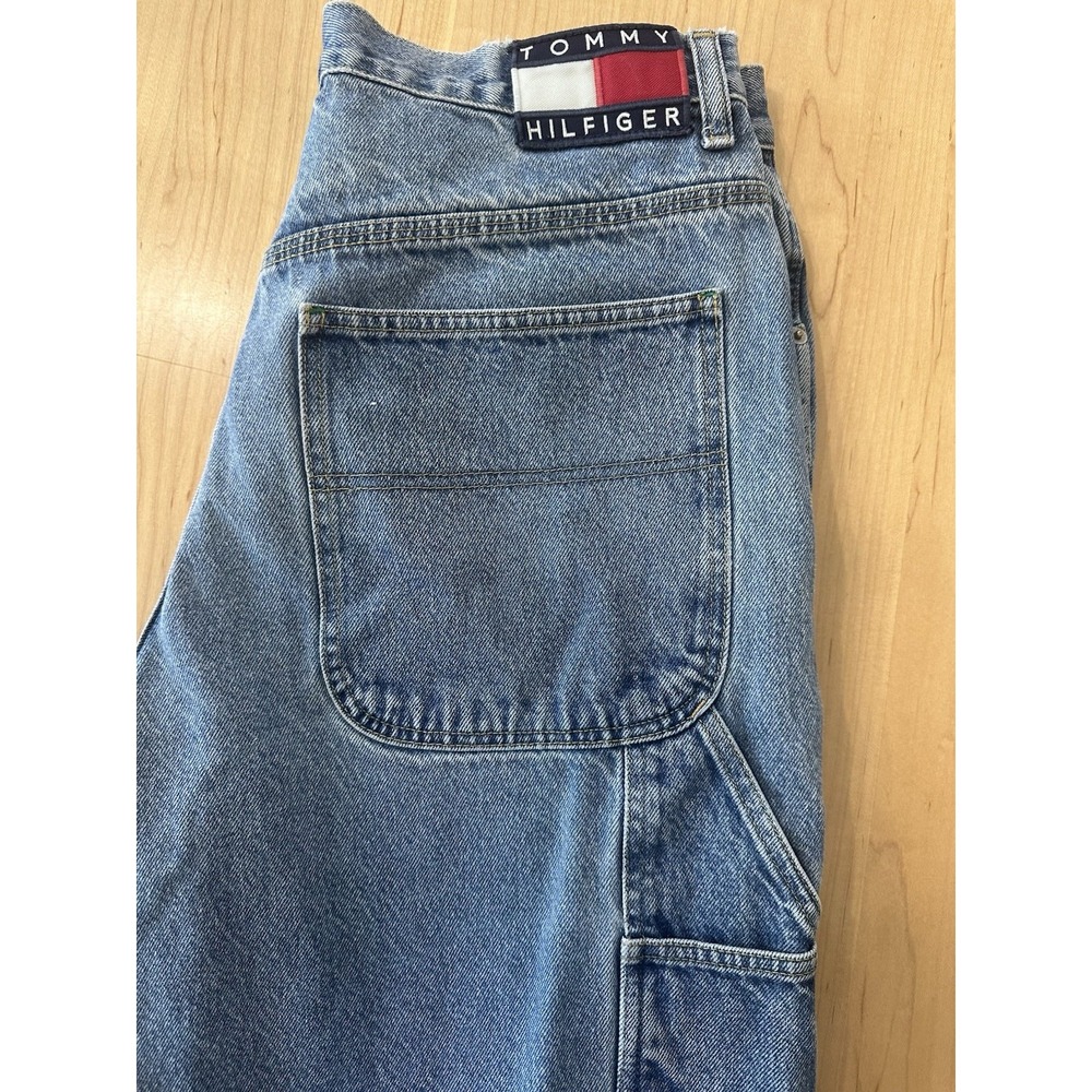 Tommy Hilfiger Shorts Mens 34 Blue Denim Jean Jorts Baggy Carpenter Flag Y2K 90s